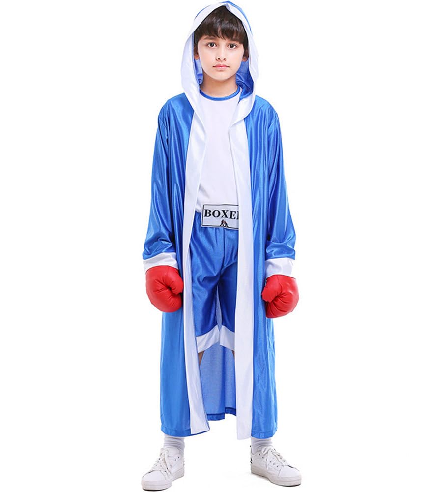 ZNLFS Children Boxing Costume Halloween Fancy Dress Role Playing Uniform Carnival Boxer Sport Jumpsuit and Robe for Kids (Blue, 4-6 Years)