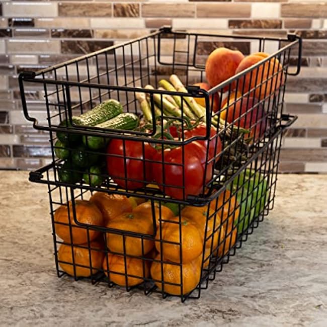 Home-Complete Set of 2 Storage Bins for Kitchen and Bathroom Organizer - Basket Set for Toy, Kitchen, Closet, and Bathroom Storage - Medium Shelf Organizers with Handles (Black)