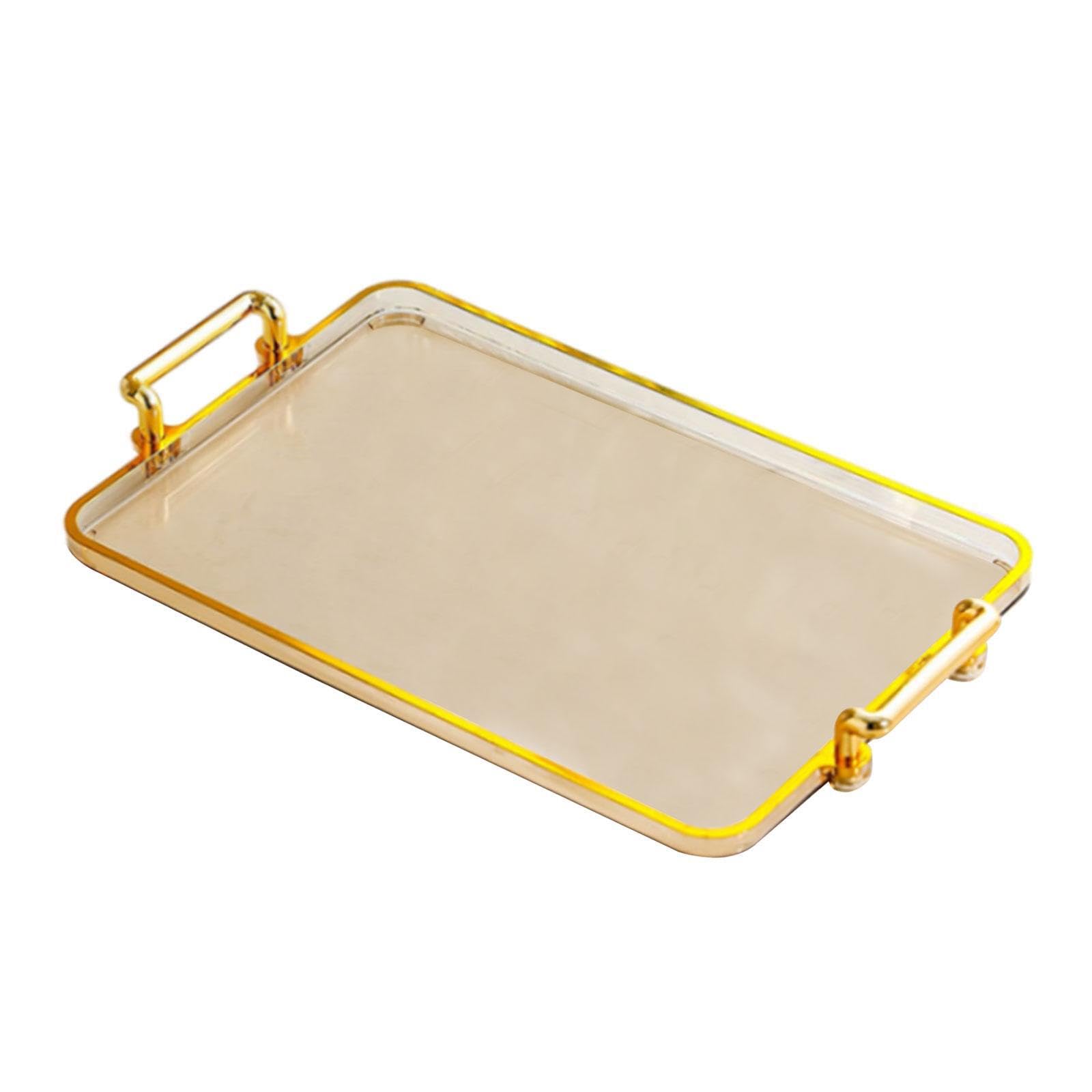 PIXZCSA Elegant Multipurpose Serving Tray With Gold Handles For Organizing Countertops And Serving Snacks At Parties And Events Lightweight Stylish Eating, Amber Gold Edge, 31x18.5x3.5cm