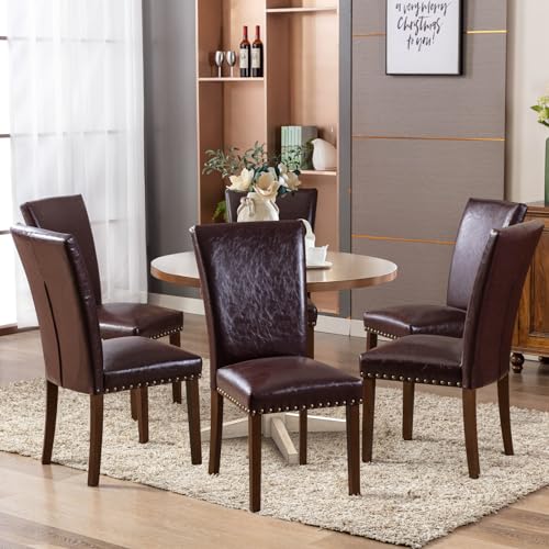 Image of COLAMY Upholstered Parsons Dining Chairs Set of 2, PU Leather Dining Room Kitchen Side Chair with Nailhead Trim and Wood Legs - Dark Brown