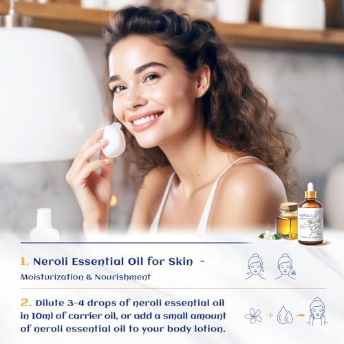 Image of HIQILI Neroli Essential Oil 3.38 Fl Oz, Pure Natural Neroli Oil for Skin, Diffuser, Includes 10ML Travel Bottle - 100ML