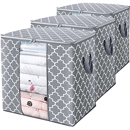 Image of WISELIFE Storage Bags [3 Pack/100L] Large Blanket Clothes Organization and Storage Containers for Comforters,Bedding, Foldable Organizer with Reinforced Handle, Clear Window, Sturdy Zippers,Light Gray