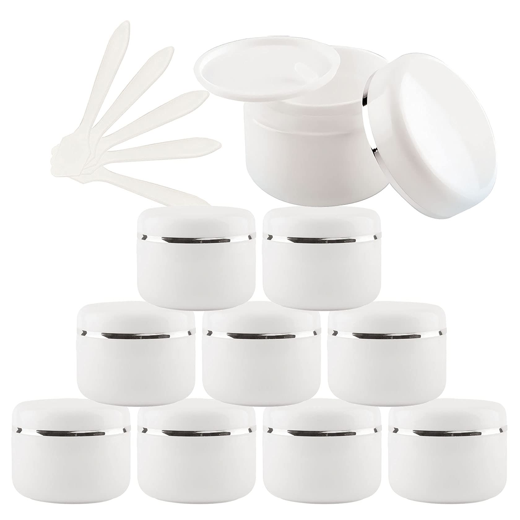 20 Pezzo Barattolo Vuoto di Plastica Bianca da 50 ml con Nastro d'argento Barattolo di Cosmetico Contenitore per Prodotti di Cosmetica Creme Balsami Labbra con 5x spatole