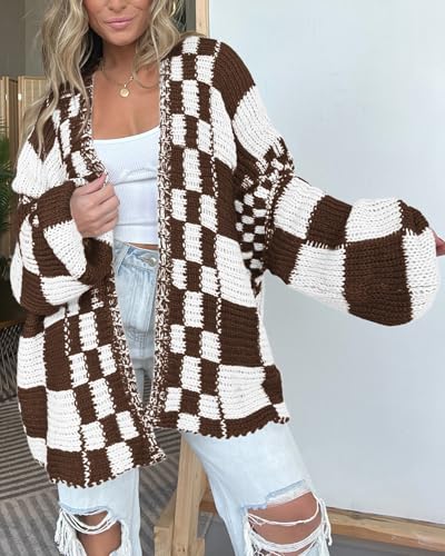 Image of BTFBM Casual Cardigan Sweater for Women Fall 2026 Long Sleeve Open Front Chunky Knit Sweaters Checkered Outwear Coat