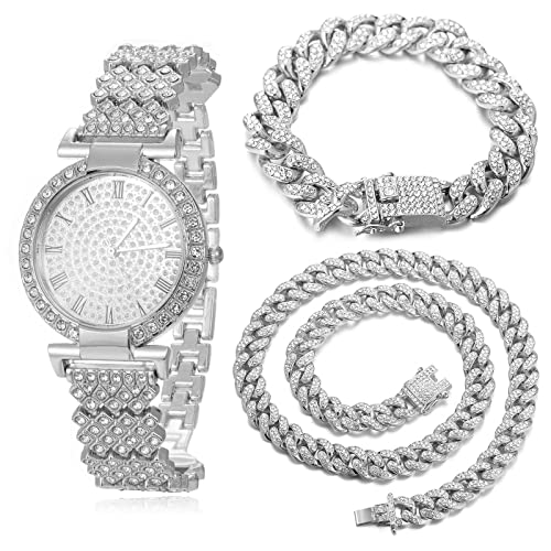 Halukakah Diamanten Gold Uhr,Damen Platinplattiert Weißgold 33MM Breite Round Zifferblatt Quarz Armband 19cm mit Kubanischer Kette 18+40cm Halskette Armband,Kostenlose Geschenkbox