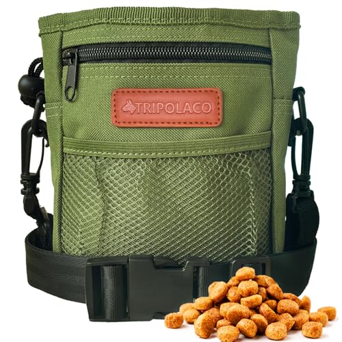 TRIPOLACO Porta Premietti per Cani, Sacca per Cani, Borsetta Porta snak per Cani, Sacchetto Addestramento Cani, per addestramento del Cane, con Fibbia a Clip & Cintura e Tracolla Regolabile, Verde