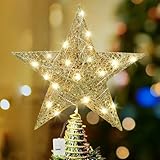Décoration de sapin de Noël en forme d'étoile à LED : la surface en forme d'étoile dorée a été ornée de paillettes dorées, crée un effet visuel de scintillement. La guirlande lumineuse LED émet une lumière blanche chaude douce et crée ainsi une atmosphère de Noël confortable et chaleureuse