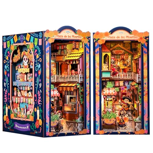 CUTEBEE Book Nook Kit - Casa de muñecas en Miniatura DIY de Fiesta Mexicana, Modelo de callejuela Vibrante con Luces LED para estanterías, Regalo para Familia y Amigos (Plaza de los Muertos)