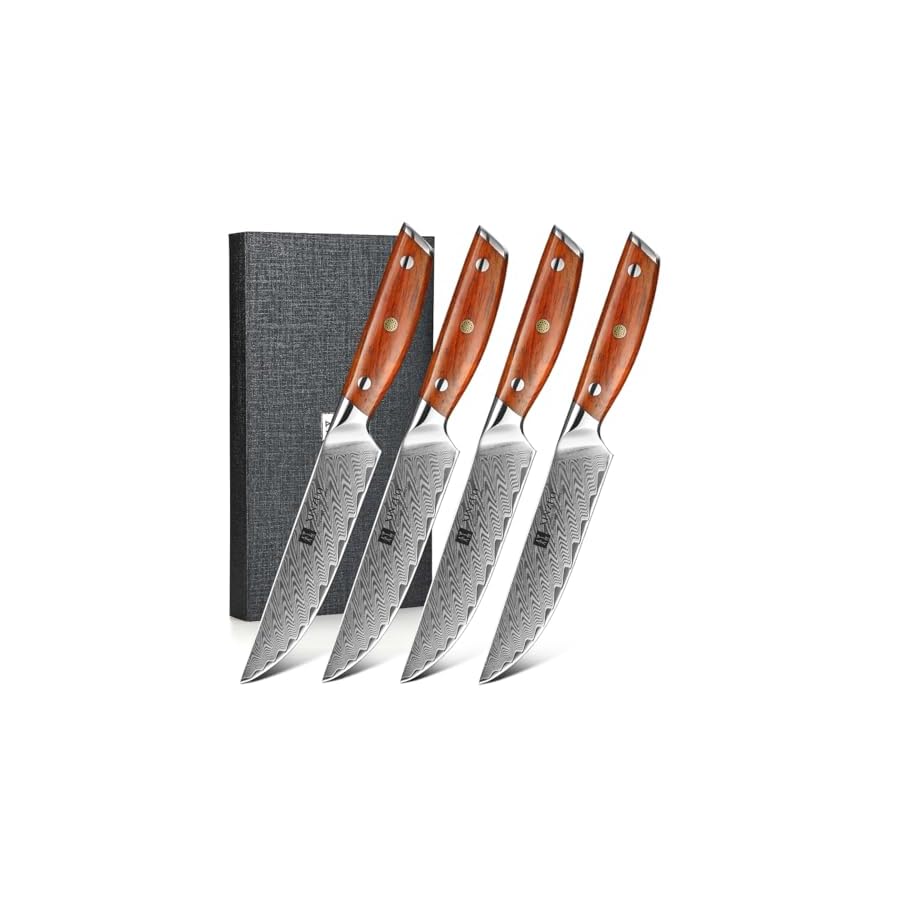 XINZUO-Steak-Knife-Set-of-4Damascus-Kitchen-Steak-Knife-Set5-Inch-Dinner-Knife-Set-Table-KnivesNon-Serrated-Steak-KnivesRazor-Sharp-Dinner-Knives-with-Ergonomic-Rosewood-HandleGift-Box Damascus Kitchen Steak Knife Set