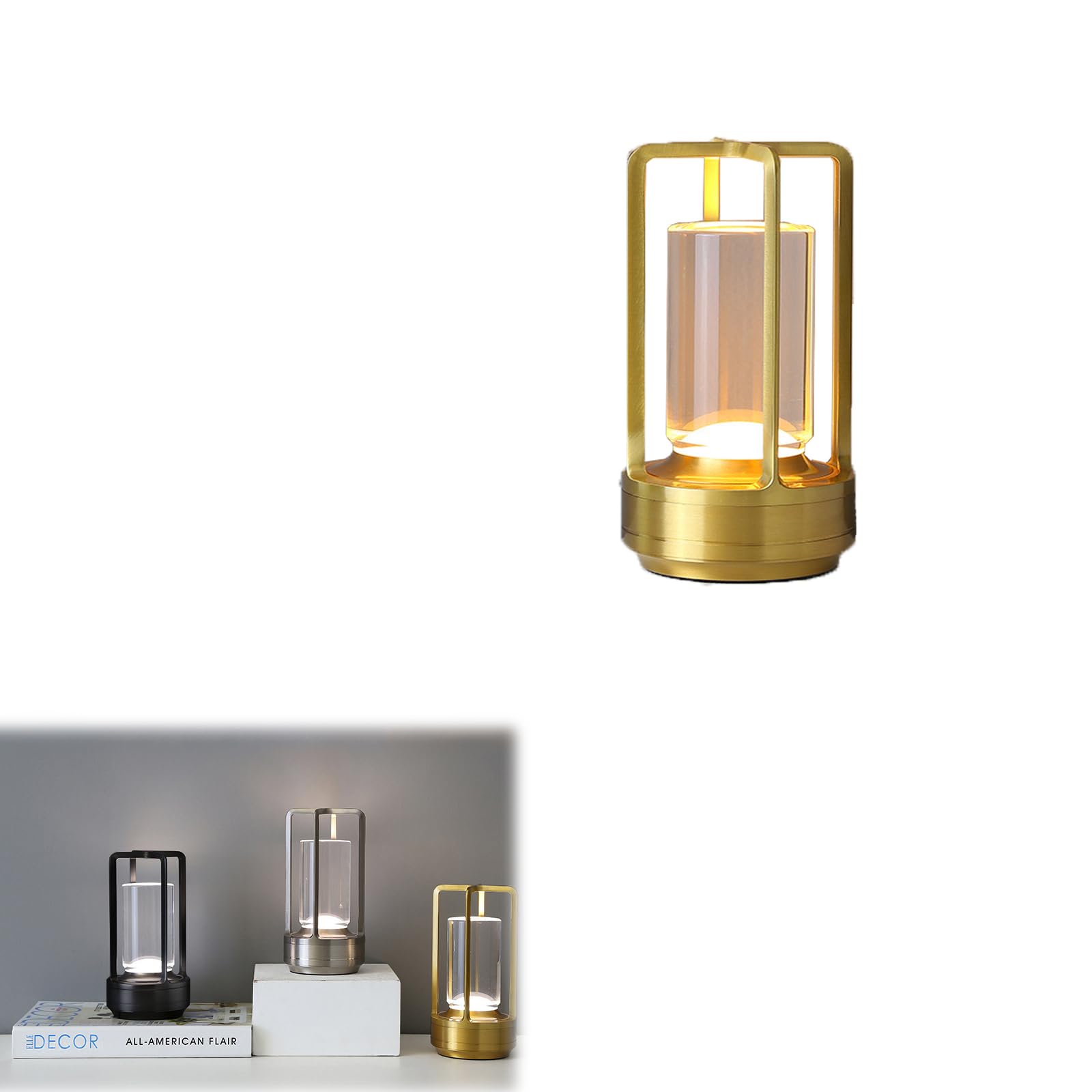 PAKMEZ Lumisom Crystal Lamp, Lumisom Crystal Lantern Lamp, Lumisom Light, 3 Colors Rechargeable Cordless Led Lights For Bedroom, Portable Metal Table Lamp For Indoor/Outdoor (Gold)