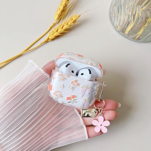 Image of MINSCOSE for AirPods 4 Clear Case,Cute Colorful Flower Pattern Design with Girly Floral Keychain,Soft Silicone Protective Shockproof Cover with Cleaner Kit for Girls Women-Orange