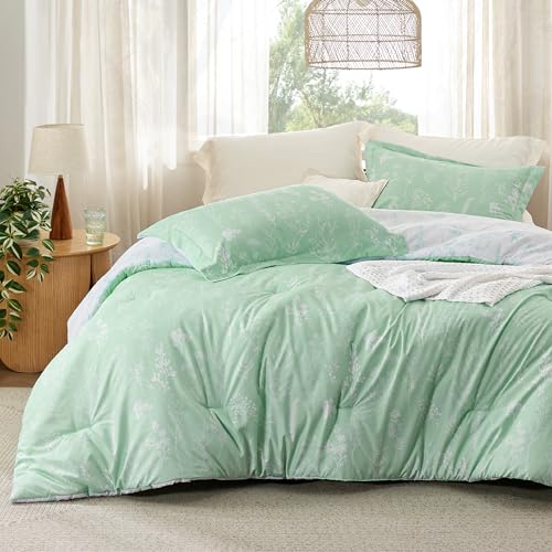 Image of Bedsure Twin Comforter Set - Mint Green Bed Set, 2 Pieces Cute Floral Bedding, 1 Soft Reversible Botanical Flowers Comforter and 1 Pillow Sham