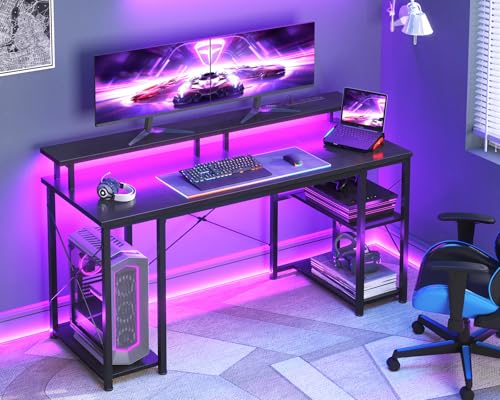 ODK 55 Inches Gaming Desk with LED Lights, Computer Desk with Monitor Stand, Pc Table with CPU Stand, Black - Image 3