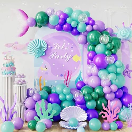 Mermaid Balloon Garland Arch Kit 129Pcs Birthday Decorations Under The Sea Purple Blue Latex Balloons for Ocean Themed Baby Shower Party Supply