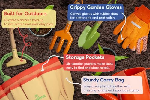 image for Kinderific Gardening Set, Tool Kit, for Kids, STEM, Includes Tote Bag,
