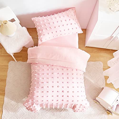 4 Pieces Tufted Dots Toddler Bedding Set Solid Pink Jacquard Pom Pom Tufts, Soft And Embroidery Shabby Chic Boho Design For Baby Girls, Includes Comforter, Flat Sheet, Fitted Sheet And Pillowcase #TOP2
