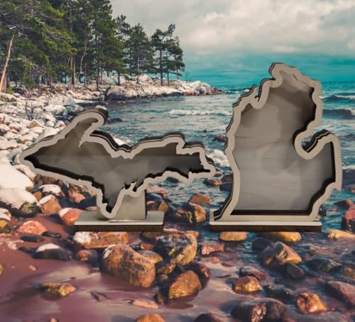 Generic Michigan Mini Shadow Box Upper and Lower Peninsula for Your Tiny Lake Superior agates, Petoskey, Beach Glass etc., Maple