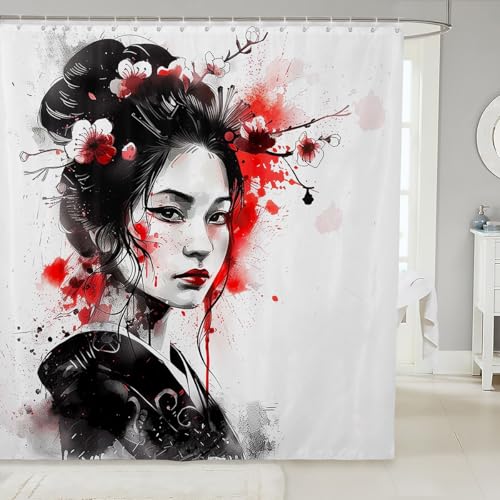 Feelyou Kids Japanese Art Geisha Shower Curtain 72"x78" Boys Girls Cherry Blossoms Bathroom Shower Curtain Set Japanese Style Bath Curtain Japanese Tradition Aesthetic Bathroom Accessories
