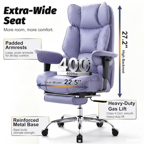 Image of Efomao Executive Office Chair 400lbs,Purple Big and Tall Desk Chair | Mattress-grade pocket spring cushion, sleek leather, 135 recline & footrest for computer gaming setup.