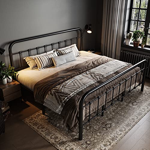 Image of Allewie King Size Metal Platform Bed Frame with Victorian Style Wrought Iron-Art Headboard /Footboard, No Box Spring Required, Black