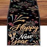 Croar Happy New Year 2026 Dining Table Runner, Black Gold Fireworks Stars Champagne Burlap Kitchen Decoration, Christmas Winter Indoor Outdoor Home Decor Party Supply 13 x 72 Inches