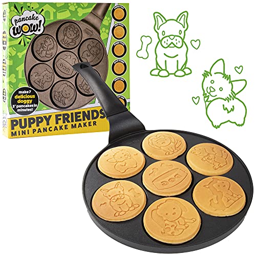 Puppy Friends Mini Pancake Pan- Make 7 Unique Flapjacks- Nonstick Griddle w Long Handle for Breakfast Pup Animal Fun & Easy Cleanup Fun Dog Related Gift for Kids & Adults, Boys Girls, Party Treat