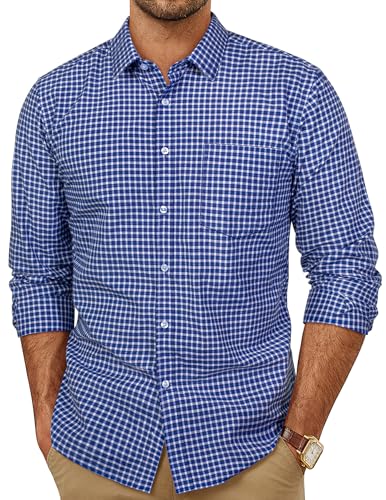 Image of Mens Dress Shirts Cotton Long Sleeve Button Down Shirts Business Casual Plaid Tops with Pocket Gingham Shirt