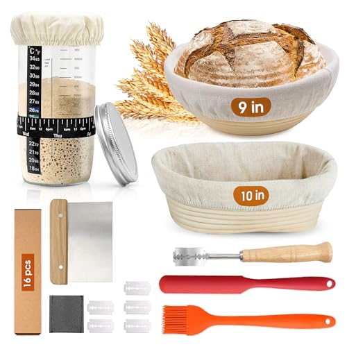 Sourdough Bread Baking Supplies 16 Pcs | Banneton Bread Proofing Basket Kit with Sourdough Starter Jar, 9