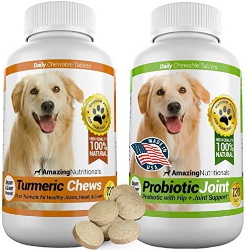 Amazing Combo Dog Turmeric and Probiotics for Dogs - Pure All-Natural Pet Antioxidant - Promotes Shiny Coat, Brain Health, Eliminates Diarrhea Gas and Joint Pain, 120 Tasty Chews x 2