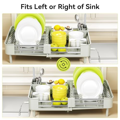 Image of Urackify Extendable Dish Drying Rack, Dual Part Dish Drainers with Non-Scratch and Movable Cutlery Drainer and Drainage Spout, Adjustable Dish Rack for Kitchen, Gray & White