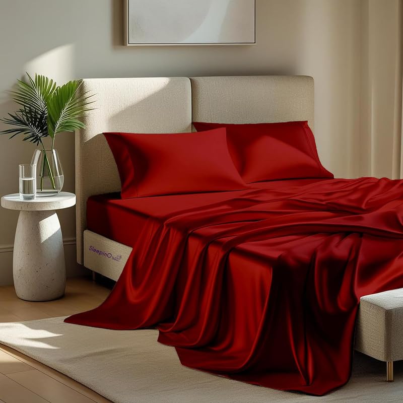 Image of Premium Satin Single Bed (60x90 Inchs) with 1 Pillow Cover Bedsheet Ultra Soft & Silky Smooth, Breathable Cooling Fabric, Luxury Glossy Finish|Crimson Burgundy
