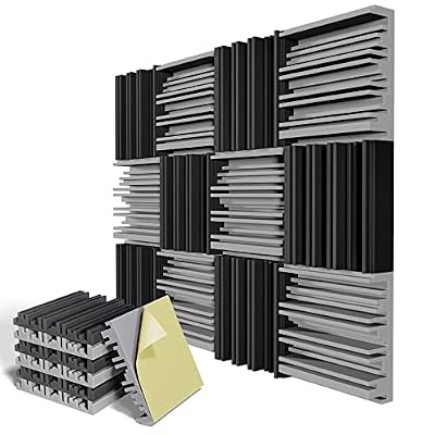 12 Pack Self-Adhesive Sound Proof Foam Panels,12 X 12 X 2 inches Acoustic Foam,High Resilience Sound Proofing Padding for Wall,Sound Absorbing Panels Suitable for Home Studios, Offices - Black & Gray