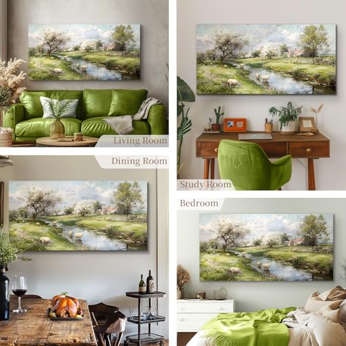 crmotu Landscape Wall Art, Nature Wall Decor, Oversized Wall Art, Riverside Scenic Canvas Art Prints, Modern Farm Aesthetic Paintings Wall Decor Living Room Bedroom Dining Room Farmhouse 30"X60"