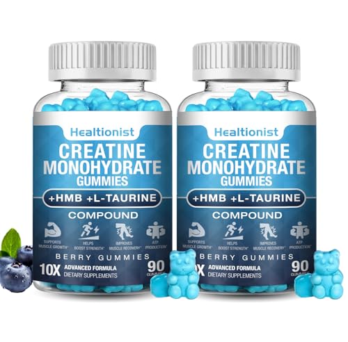 Healtionist 2 Pack 8000MG Creatine HMB Monohydrate Gummies for Men & Women L-Taurine & Vitamin B6 12 180 Blueberry Flavor Counts Supplement Gummies (60-Day Supply)
