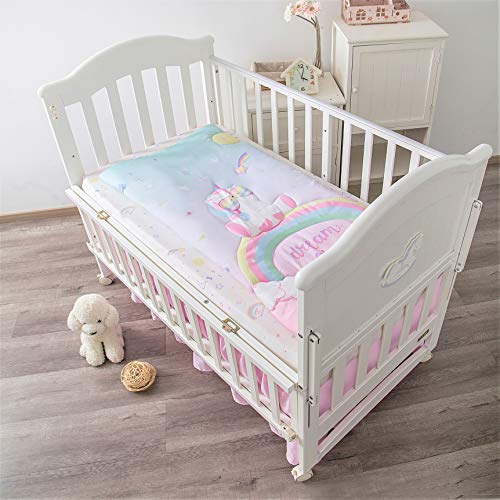 La Premura Unicorn Baby Nursery Crib Bedding Set For Girls – Baby Unicorn & Rainbows 3 Piece Standard Size Crib Bedding Sets In Pink, Yellow & Green #TOP4