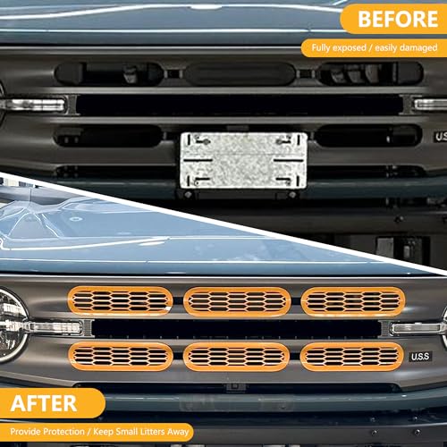 Image of Front Grill Inserts Cover Trims Mesh Grille Frame Kit Compatible with 2021 2022 2023 2024 2025 New Ford Bronco 2 /4 Door Exterior Decoration Accessories Protection Decor Decal, 6Pcs Yellow