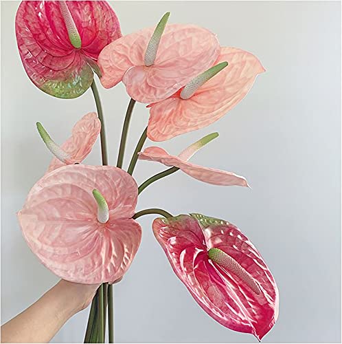 Joson 6 Pcs 27" Simulation Large Artificial Anthurium Lily Flowers Permanent Flower For Home Decoration Bouquet And Green Leaf， Wedding Festival Decoration Flower Arrangement (Pink) #TOP6