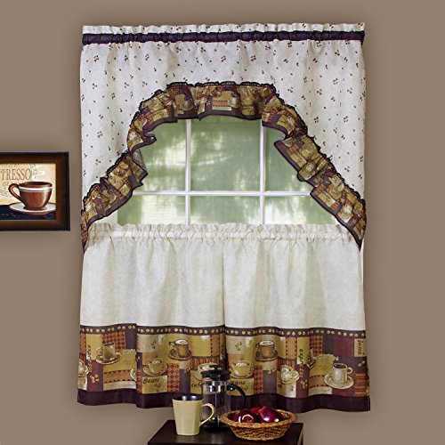 Sweet Home Collection Classic Design (3 Piece) Kitchen Curtain Set, 36 in, Coffee