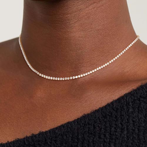 Tennis Necklace for Women, 14K Gold/Silver Plated Rhinestone Choker Necklaces for Women, Dainty Cubic Zirconia Cut Faux Diamond Chain2