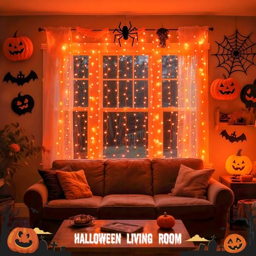 Image of JMEXSUSS Orange Curtain Lights for Halloween, USB Plug in, 200 LED | Remote Control, Halloween Curtain String Lights, 8 Modes Orange Hanging Window Lights for Bedroom Party Indoor Outdoor Decor