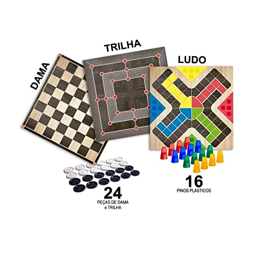Jogo de Tabuleiro 3 Jogos Ludo, Dama e Trilha Pais e Filhos