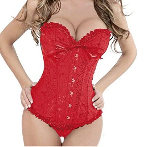 Indrah Women Emboridery Corset Top Sexy Lingerie Sets Underwear with G-string Red (US Size 12-14) 3XL