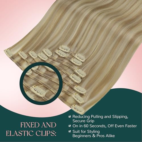 Image of Easyouth Clip in Extensions Highlight Real Hair Extensions Clip in Human Hair Dark Ash Blonde Highlights Golden Blonde Clips in Human Hair Extension Add Length and Volume 7Pcs 120G 22 Inch
