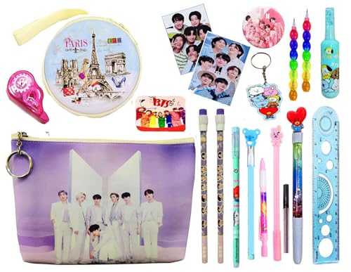 Image of 20pcs BTS Theme Stationery Set for Kids, BT-21, BTS A5 Size Large Capacity Pencil Pouch Storage, Travel, Cosmetic Pouch with BTS Stationery Birthday Gift Return Gift for Kids (Style 2)