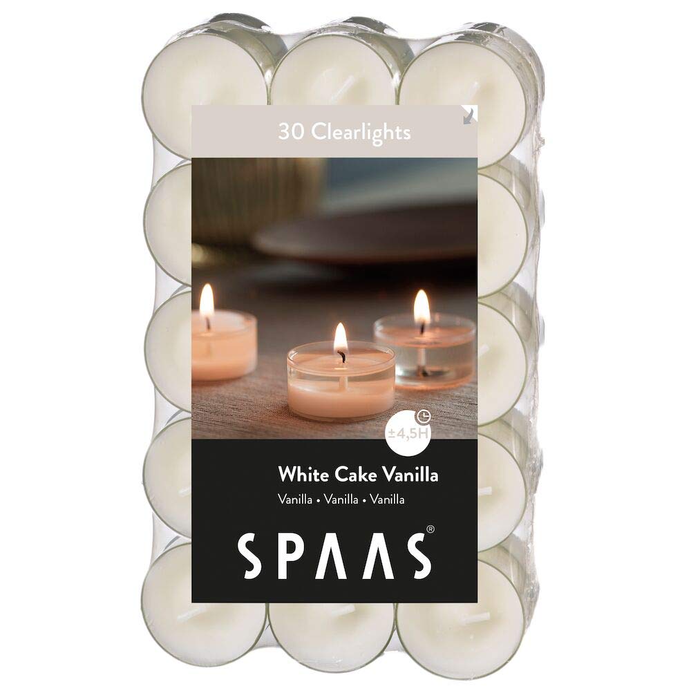 Spaas 30 Scented Clearlights, Tealights in Transparent Clear Cup, ± 4.5 Hours, White Cake Vanilla