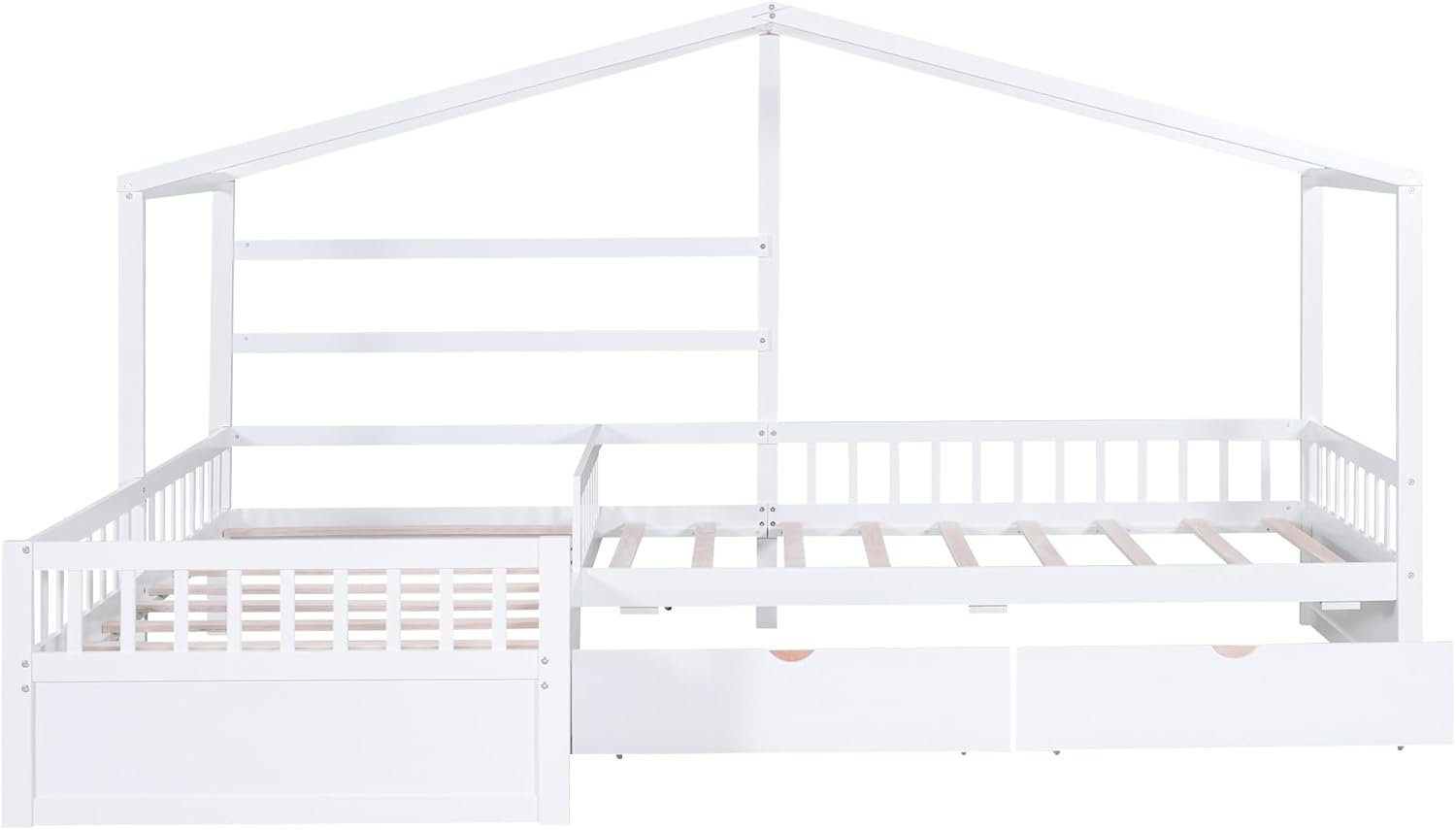 House Bed Double Twin Beds, Wood L-Shaped 2 Twin Platform Beds With Storage Drawers, Montessori Bed With Roof, Fence And Slatted Support, Corner Playhouse Bed Frame For Kids Girls Boys (White-09)