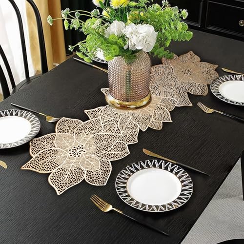 Gold Vinyl Table Runner - مفرش طاولة فينيل ذهبي | Flower Shaped Hollow Mat for Dining & Wedding Decor