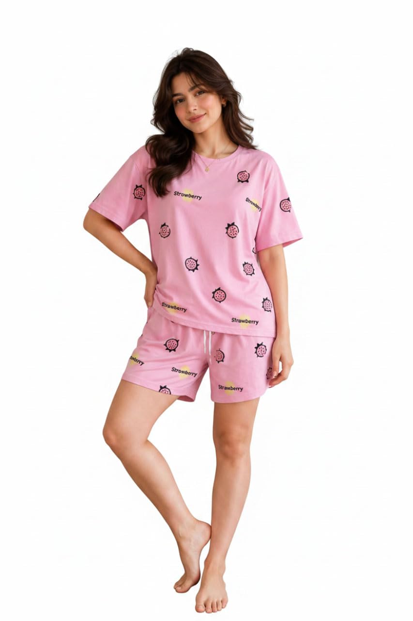 Women's Strawberry Print Pyjama Set, Short Sleeve Top with Shorts, Pink, Casual Loungewear-picture-24