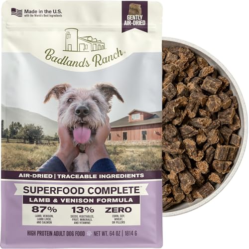 Image of BADLANDS RANCH Air-Dried Lamb & Venison Dog Food, 87% Meat, 64 oz | Includes organs & salmon; kibble topper or alternative; adult & senior dogs; no corn, wheat, soy or fillers
