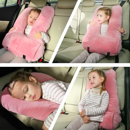 Image of Travel Pillow, Car Pillow for Kids & Adults, Kid Travel Sleeping Pillows for Neck & Body Support, Car Travel Essentials Pillow on Road Trips, Pink